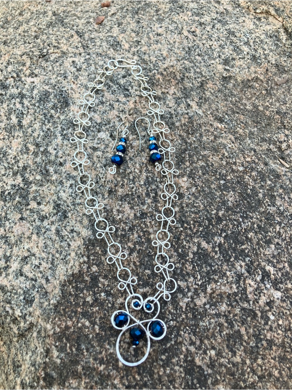 Handcrafted Silver tone Necklace and Earrings Set with Blue Accents - Picture 2 of 4